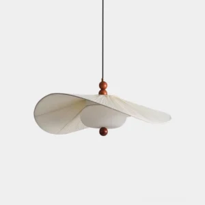 Serafina pleated fabric pendant light front view with walnut wood accents and frosted glass diffuser in off-white shade, studio lighting