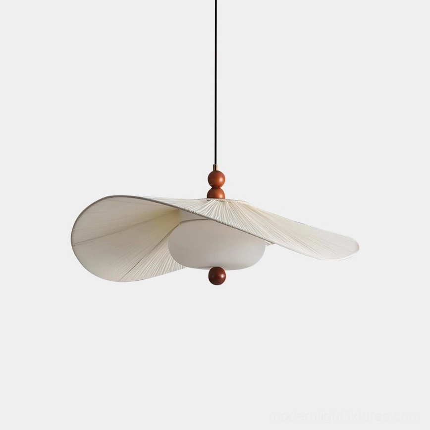 Serafina pleated fabric pendant light front view with walnut wood accents and frosted glass diffuser in off-white shade, studio lighting