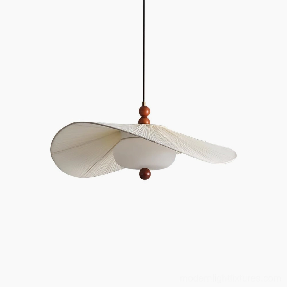 Serafina pendant light overhead view showing slim black hanging cord with pleated off-white fabric shade and wabi-sabi design
