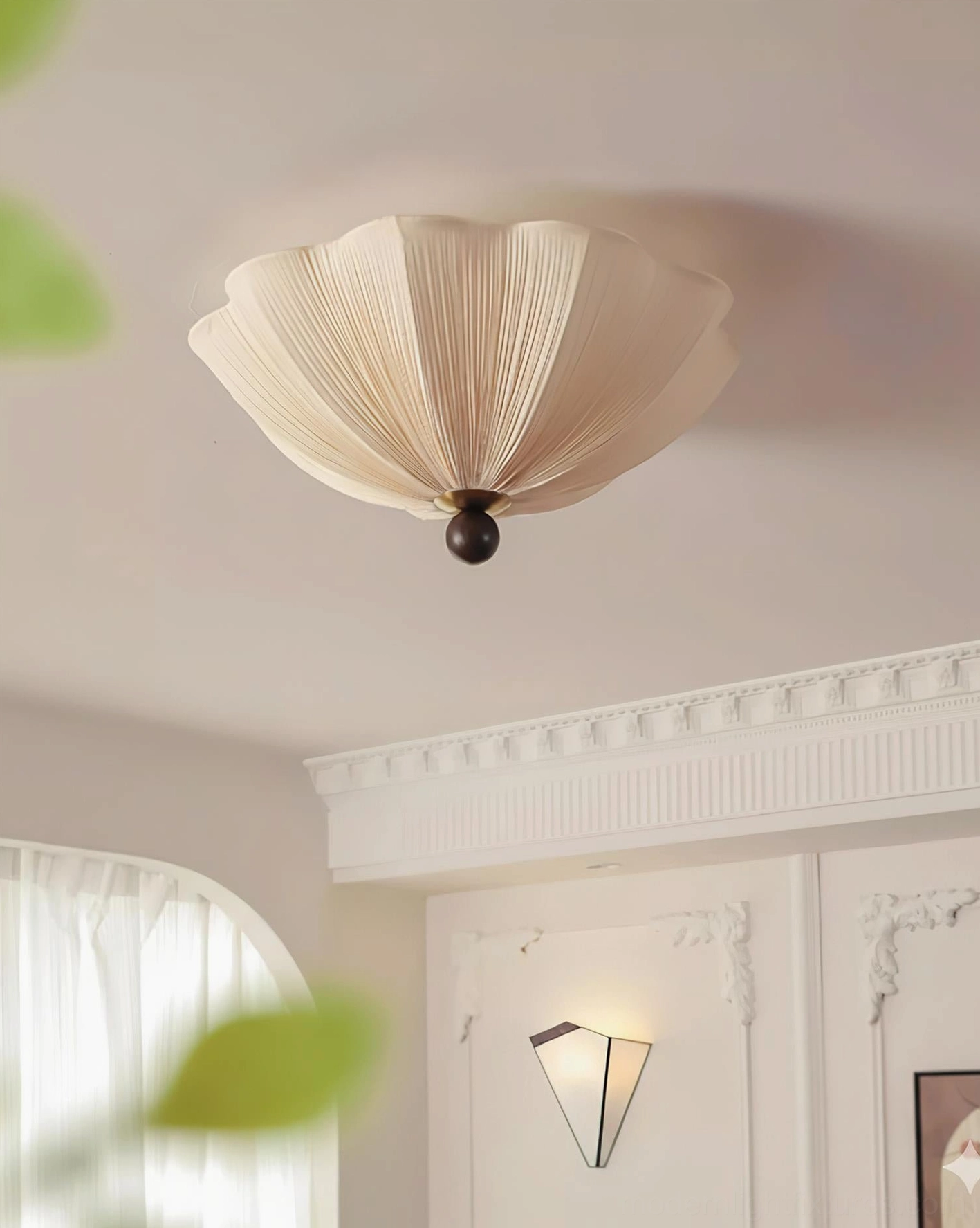 Seralyn flush mount ceiling light in distant view within French-style residential interior showing off-white pleated fabric shade and ambient lighting effect