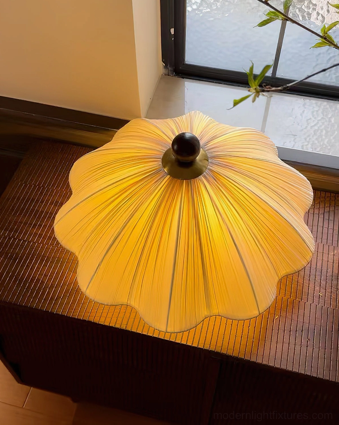 Seralyn modern pleated fabric flush mount ceiling light fixture detailed product showcase with warm beige radial pleats and sculptural design elements