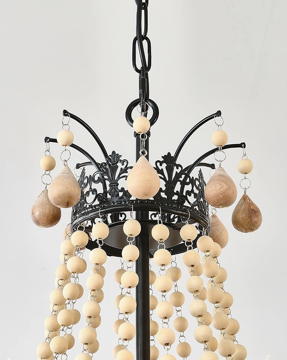 Seraphine rustic beaded chandelier pearl bead drape detail showing cascading cream-toned strands and vintage salon-inspired aesthetic