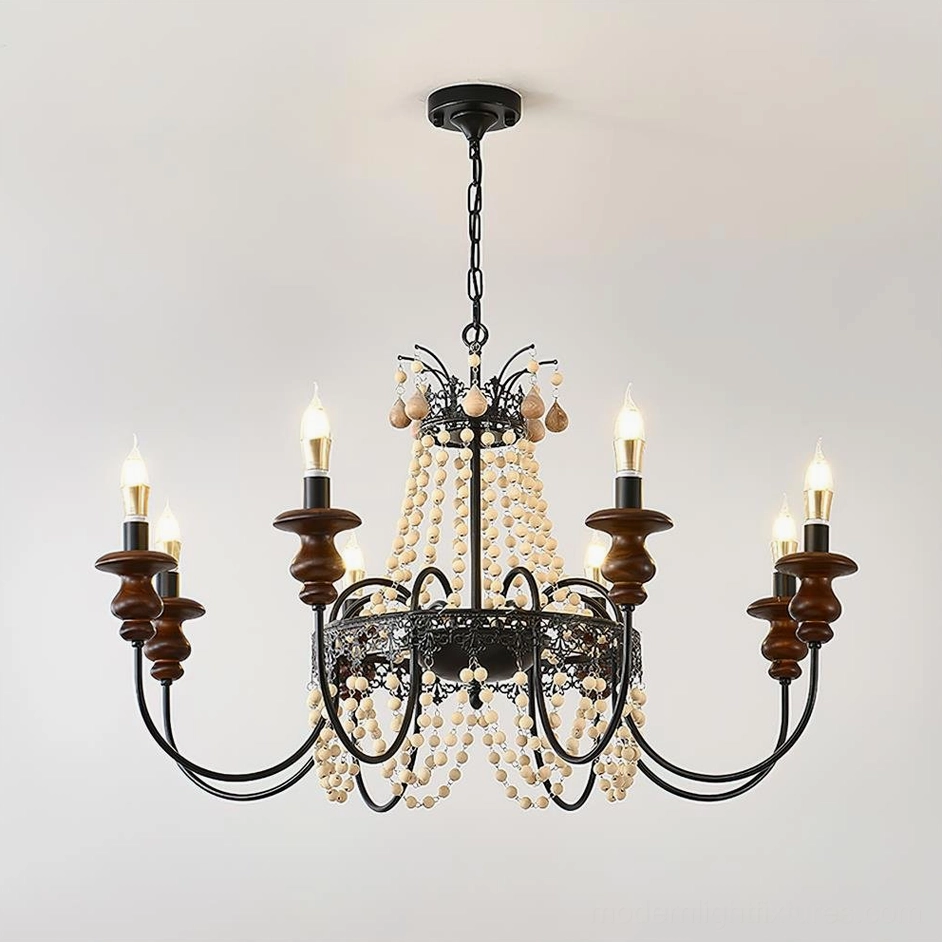 Eight-head Seraphine traditional beaded chandelier frontal view with black metal and wood mixed material construction against white background