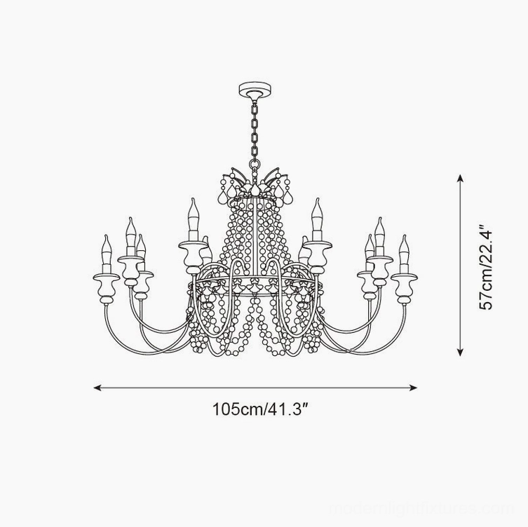 Seraphine extra-large 8-head chandelier orthographic design drawing with 105cm width, 57cm height, and ornate central beaded design