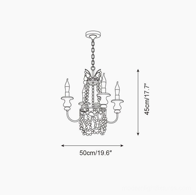 Seraphine 4-head chandelier design schematic showing 50cm width and 45cm height dimensions in classic ornate farmhouse style