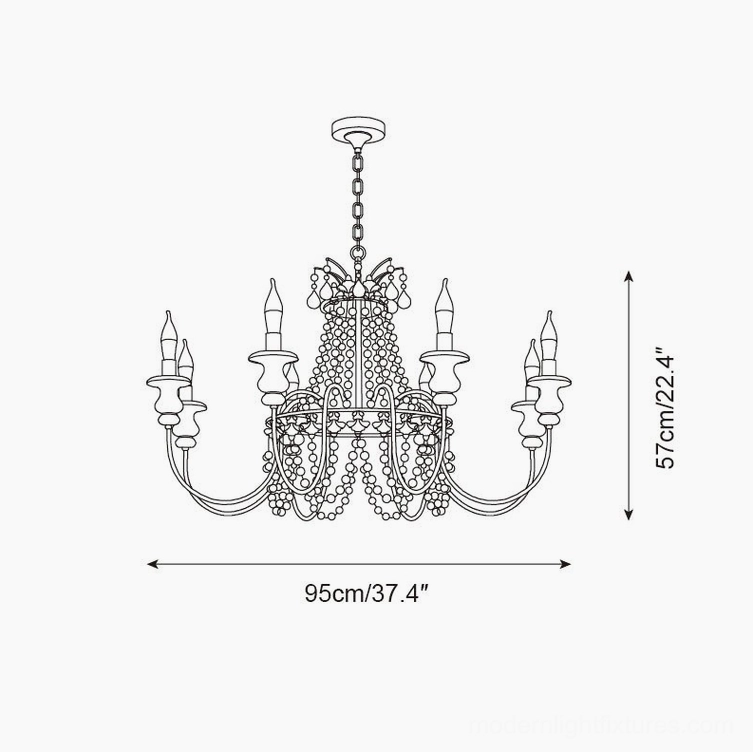 Seraphine large 6-head chandelier design sketch showing 95cm width and 57cm height with intricate beadwork and detailed specifications