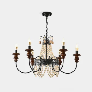 Seraphine rustic beaded chandelier overhead studio view featuring black iron frame with walnut wood candle caps and cascading cream pearl beads