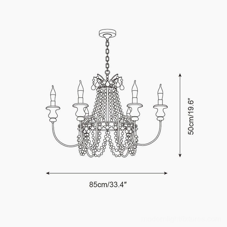 Seraphine 6-head medium chandelier technical drawing with 85cm width and 50cm height featuring beaded central decor and candle arms