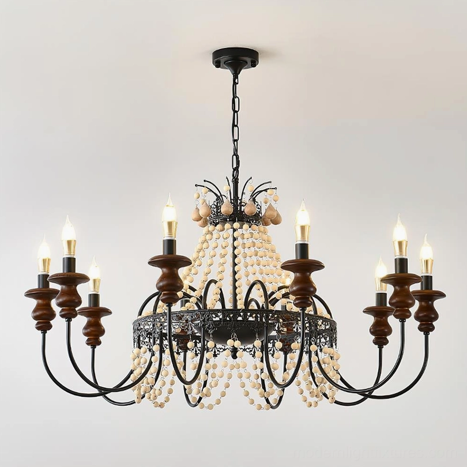 Seraphine 10-head extra-large beaded farmhouse chandelier in black and walnut finish showing complete elegant assembly and scale