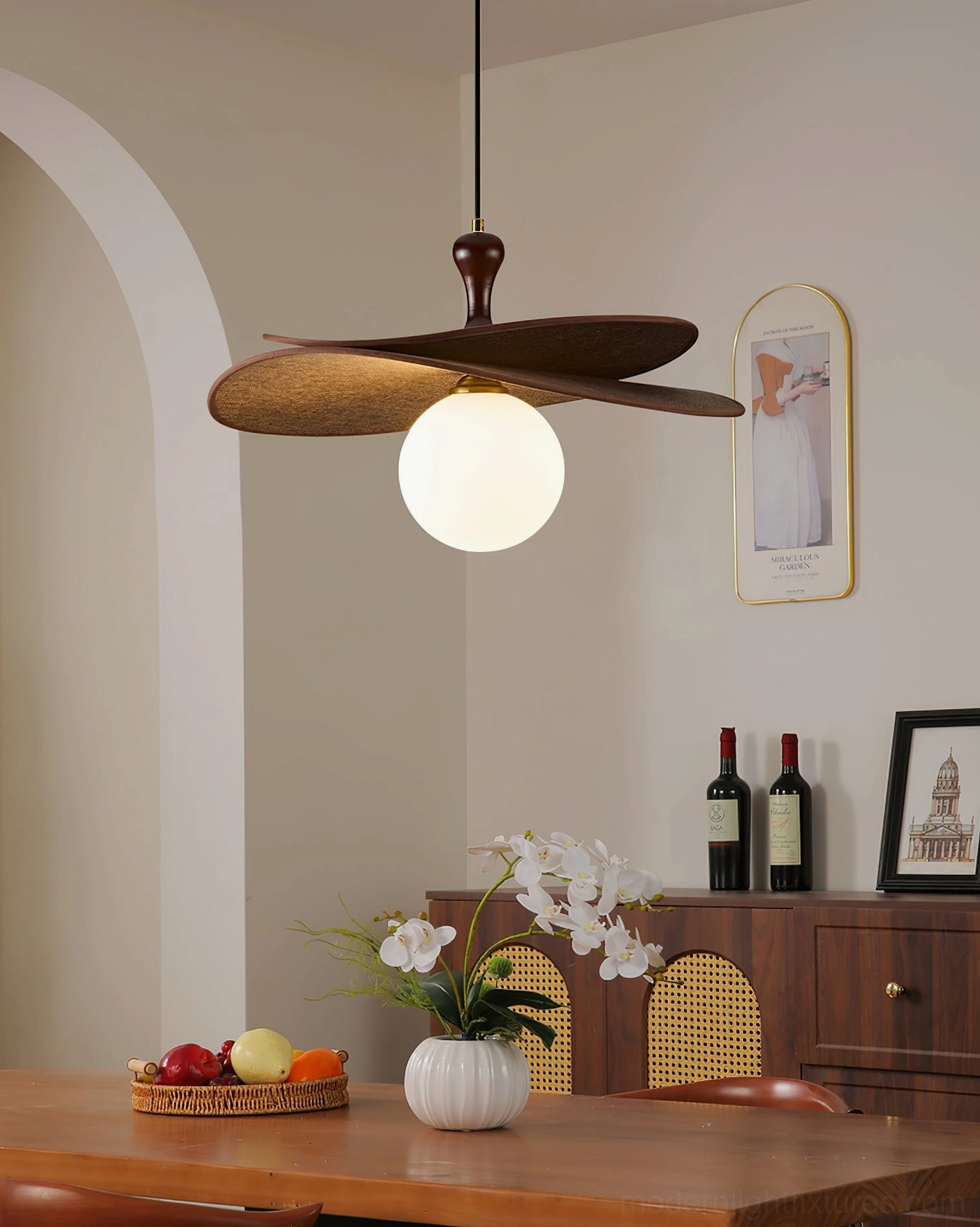 Seraphis wooden pendant light installation detail showing wire suspension and ceiling mount hardware