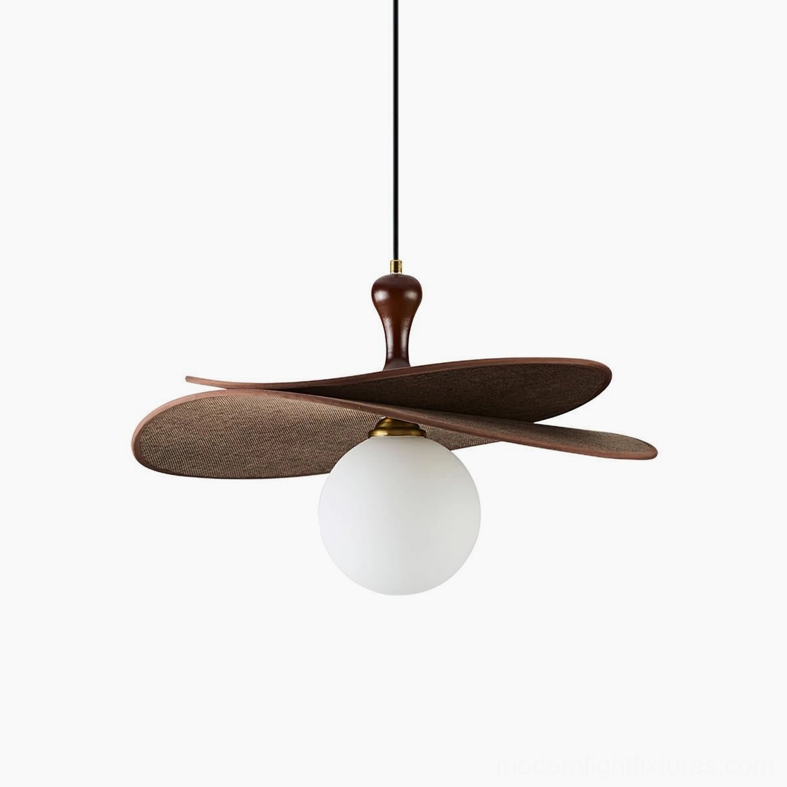 Model A Seraphis pendant light with single frosted glass globe in walnut wood frame detail