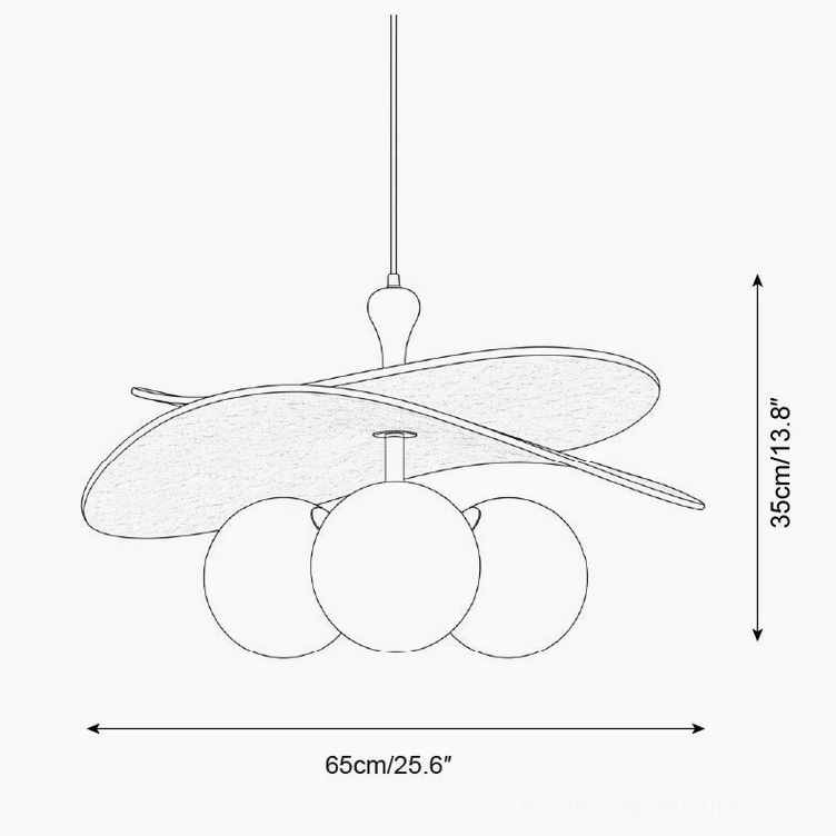 Technical specification drawing of Seraphis Model B pendant fixture with 65cm width and 35cm height measurements