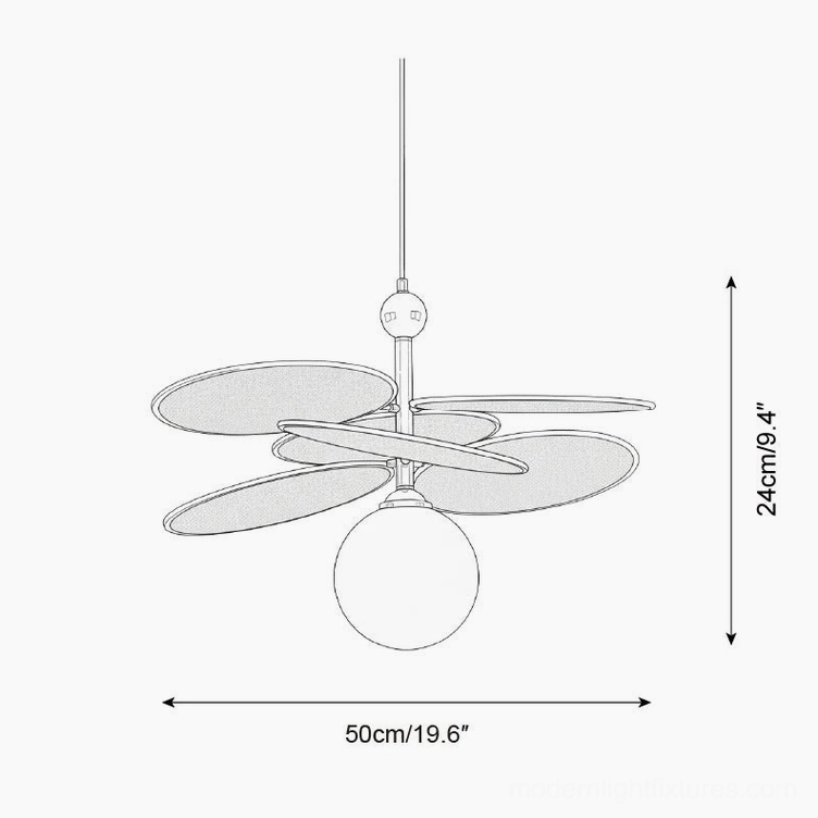 Orthographic design drawing showing Seraphis pendant light Model C dimensions and layered blade construction