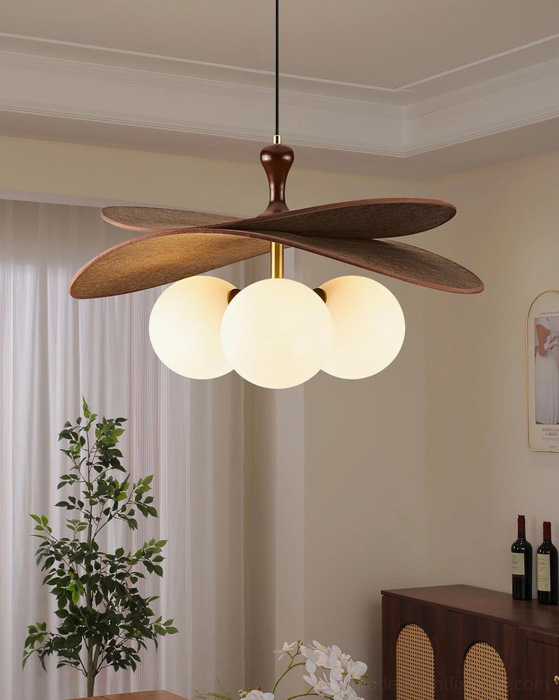 Nordic mid-century modern pendant light with multiple glass globes and wooden frame in contemporary dining area