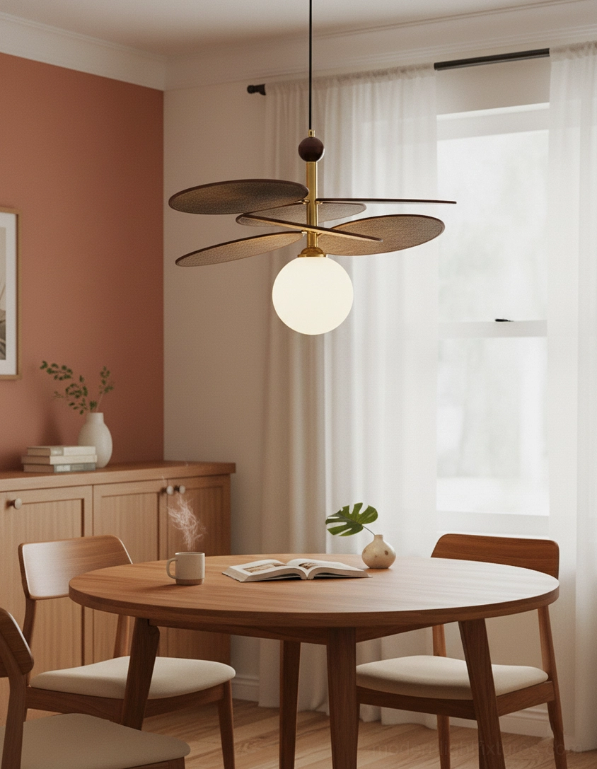 Side profile of Seraphis wooden pendant fixture showing depth and layered architectural design