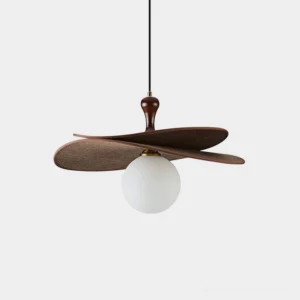 Seraphis wooden pendant light with single frosted glass globe and layered walnut wood frame against white studio backdrop