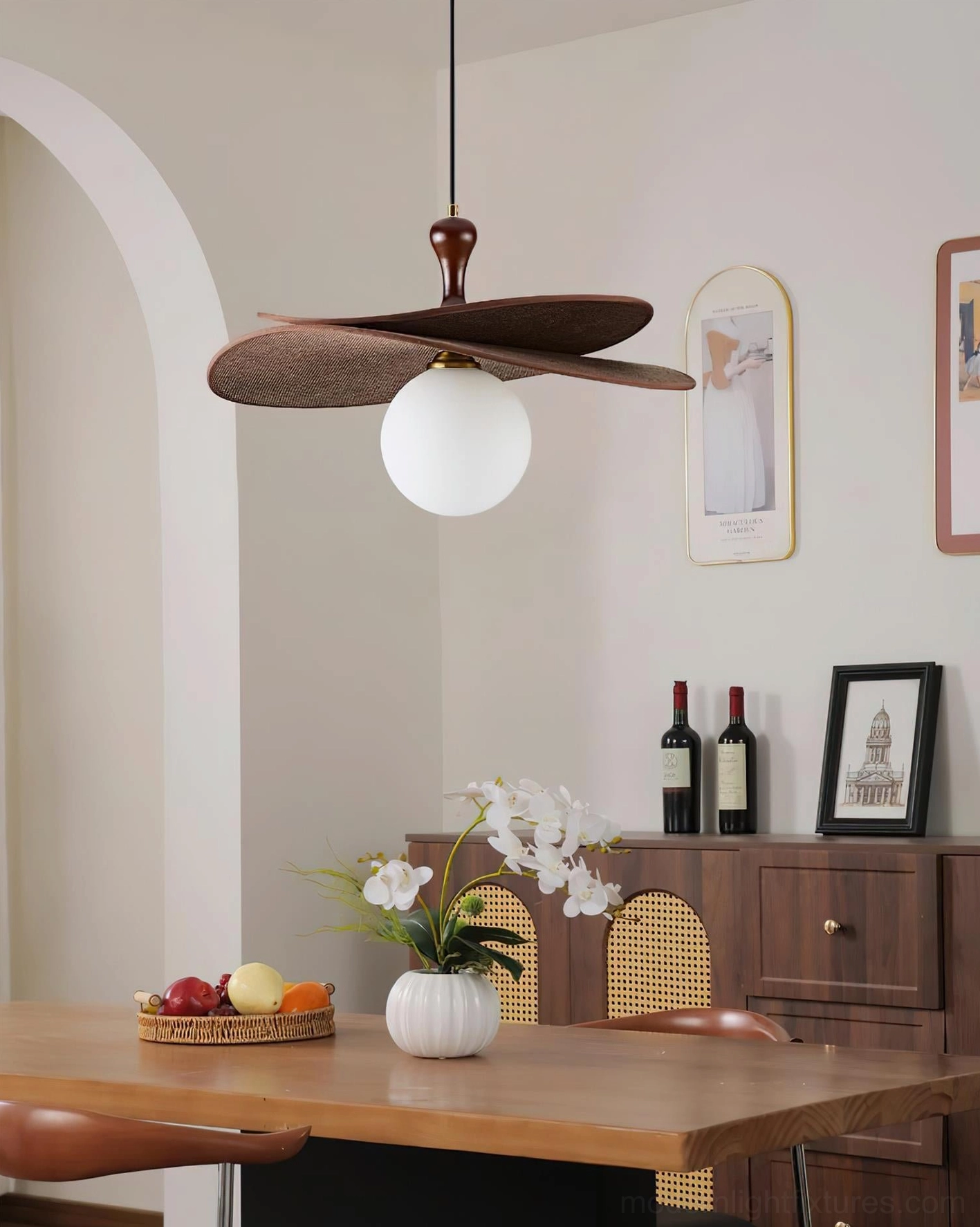 Seraphis pendant light in white and brown colorway photographed against neutral background
