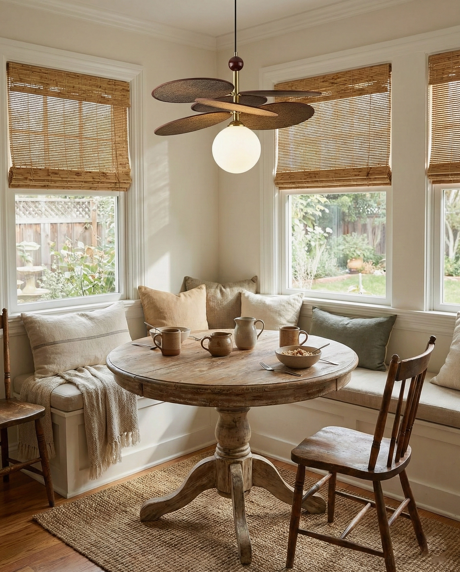 Detailed view of Seraphis pendant light frame showing layered wood construction and metal hardware