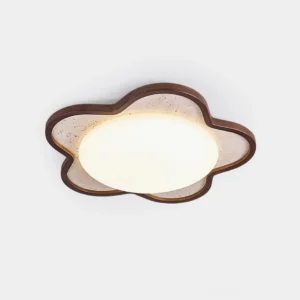 Seraphis modern travertine flower ceiling light fixture frontal view with warm white diffuser
