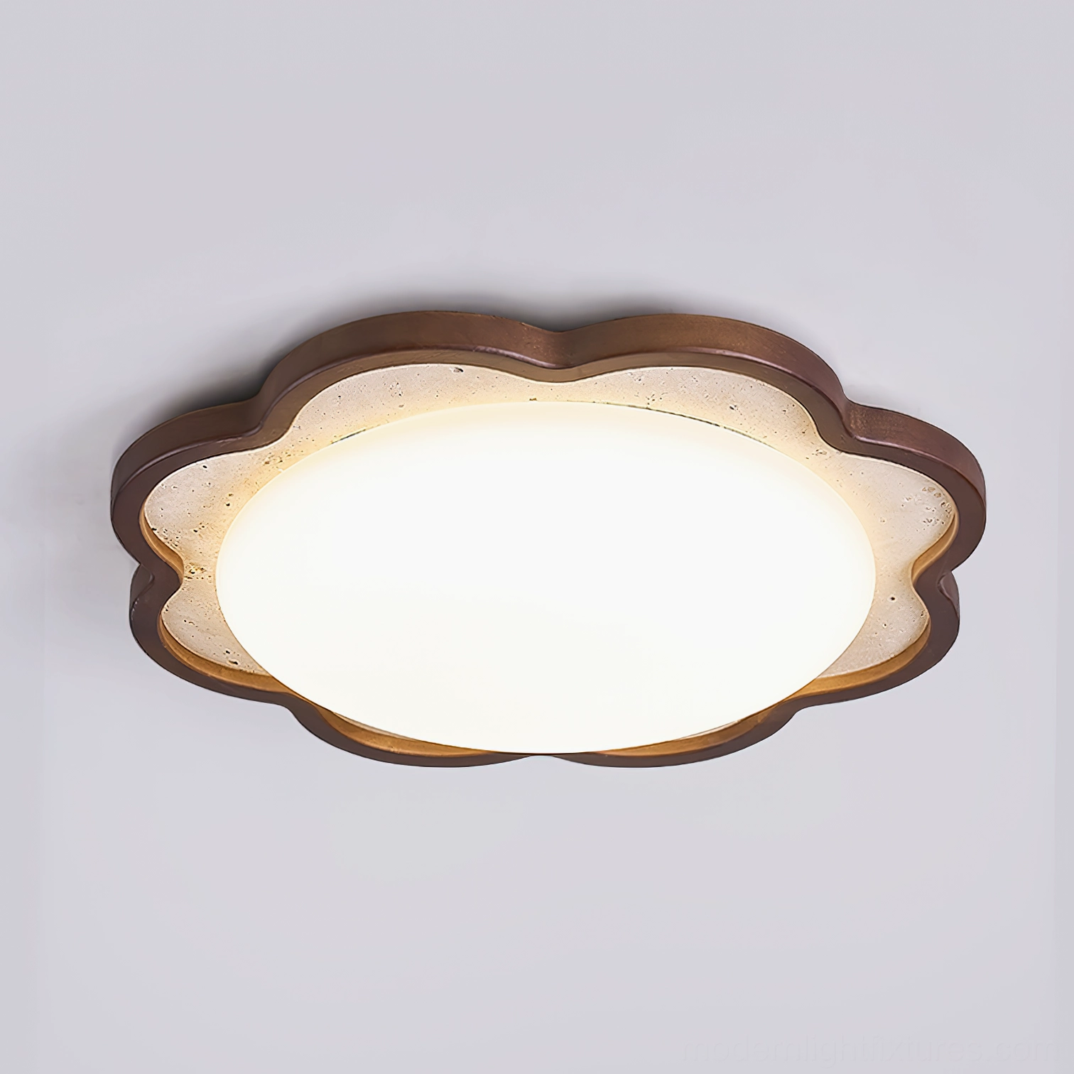 Seraphis ceiling lamp showing walnut wood frame with beige travertine combination