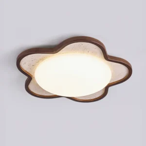 Seraphis illuminated warm white ceiling light showing travertine texture and walnut wood frame