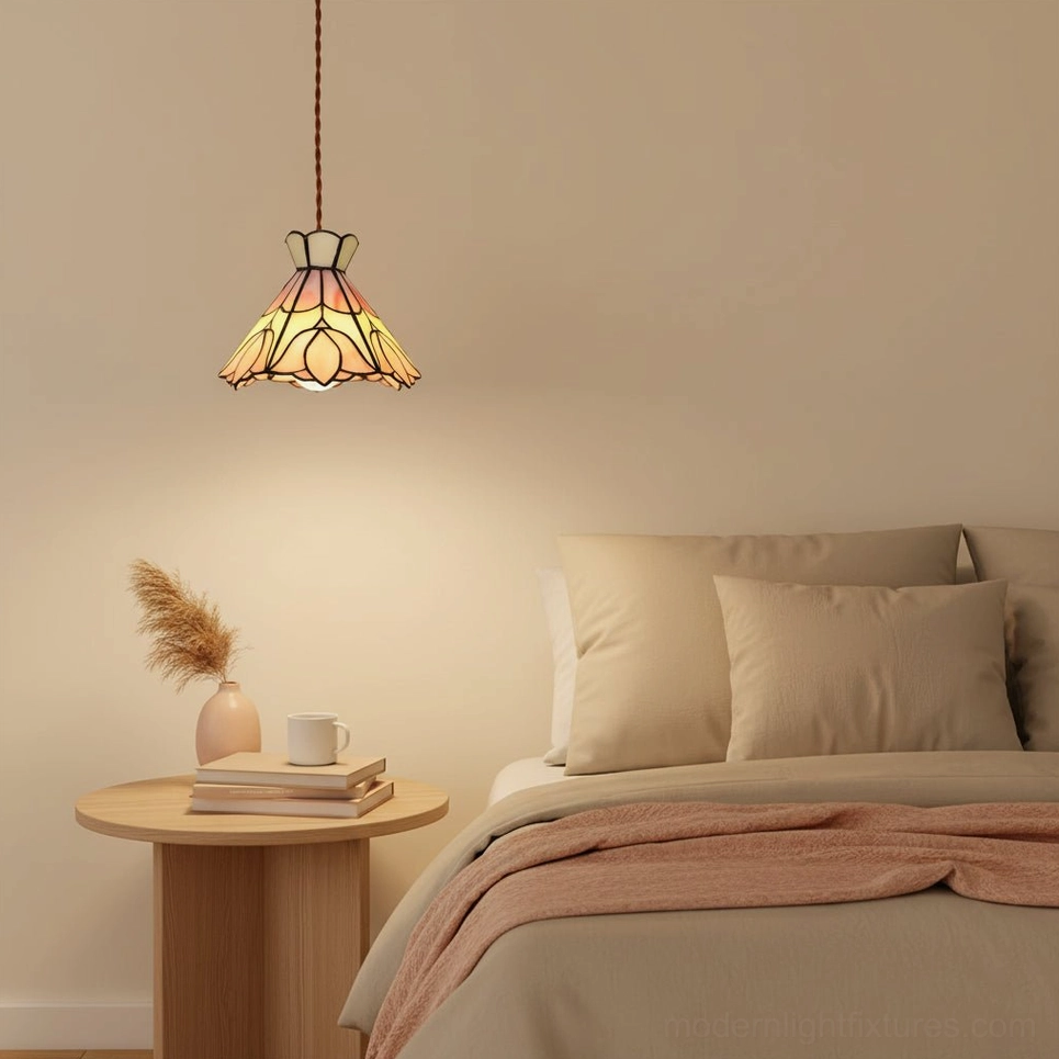 Serena pendant light hanging beside bedroom table, warm minimalist bedroom interior design