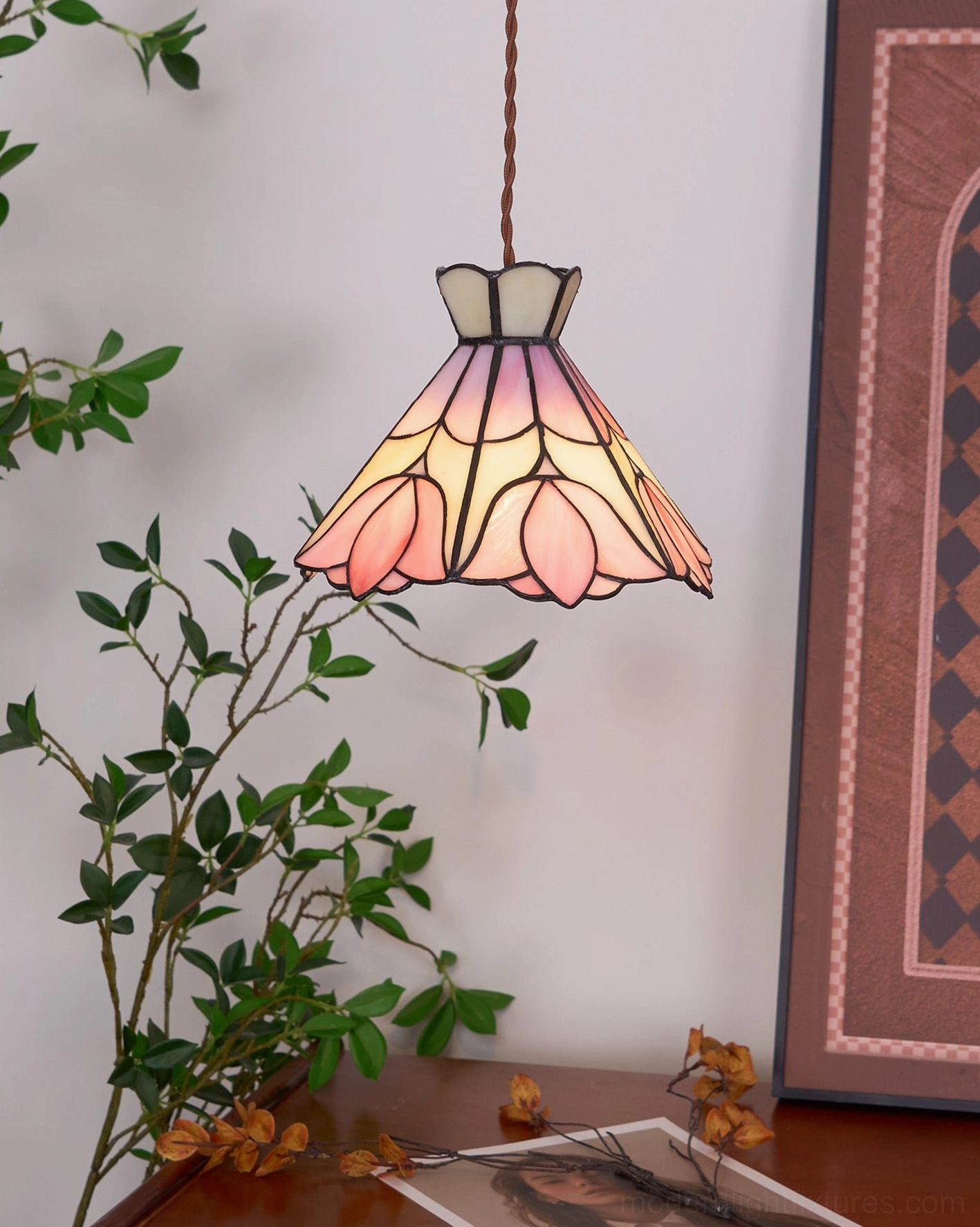 Serena Tiffany pendant light botanical interior styling with plants and greenery
