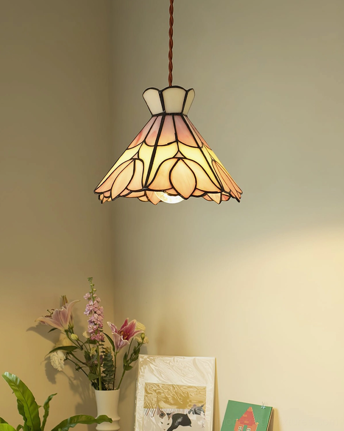 Serena stained glass pendant light alternate view with gold metal fittings and rope suspension