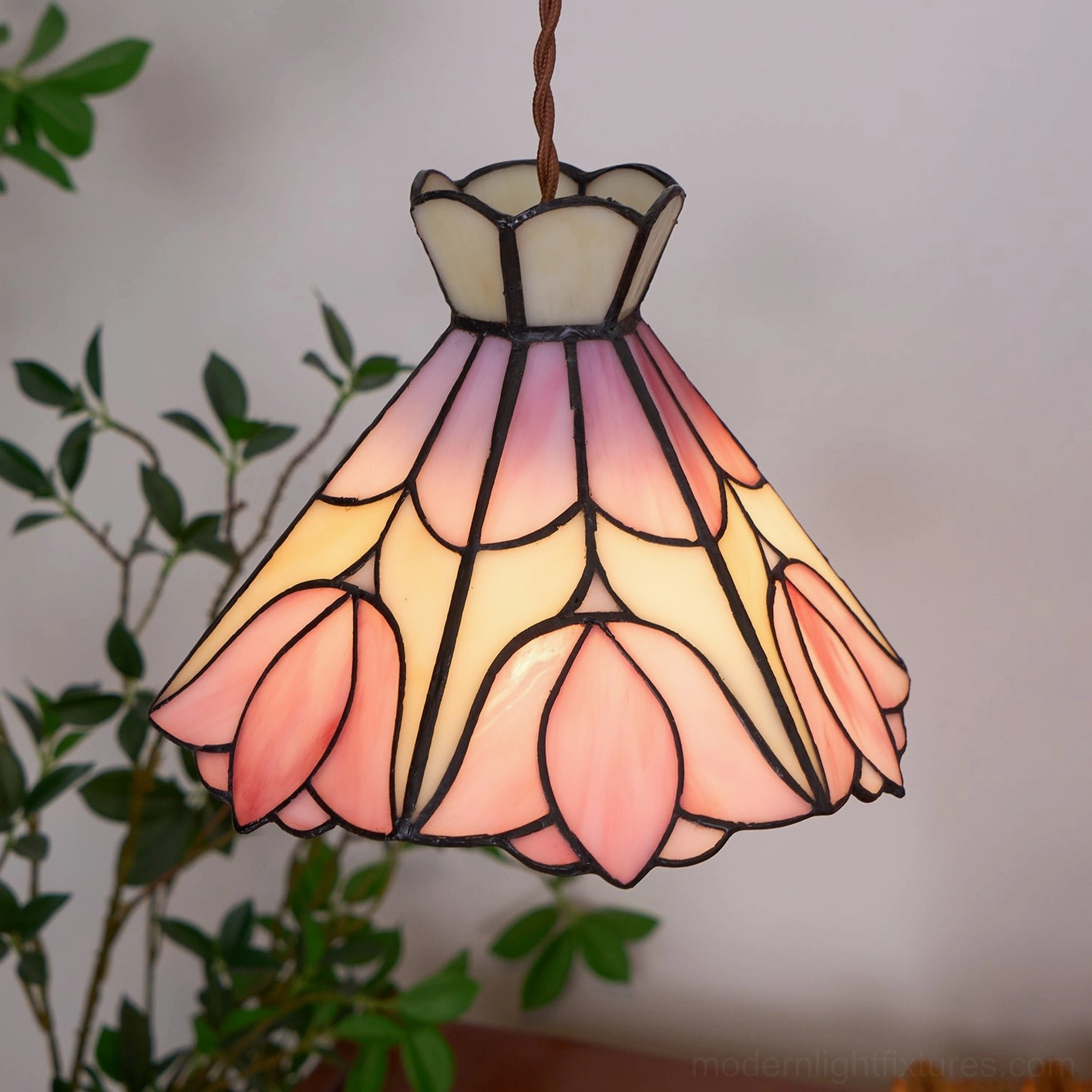 Serena stained glass pendant light mirror reflection amplified ambient rose-tinted glow