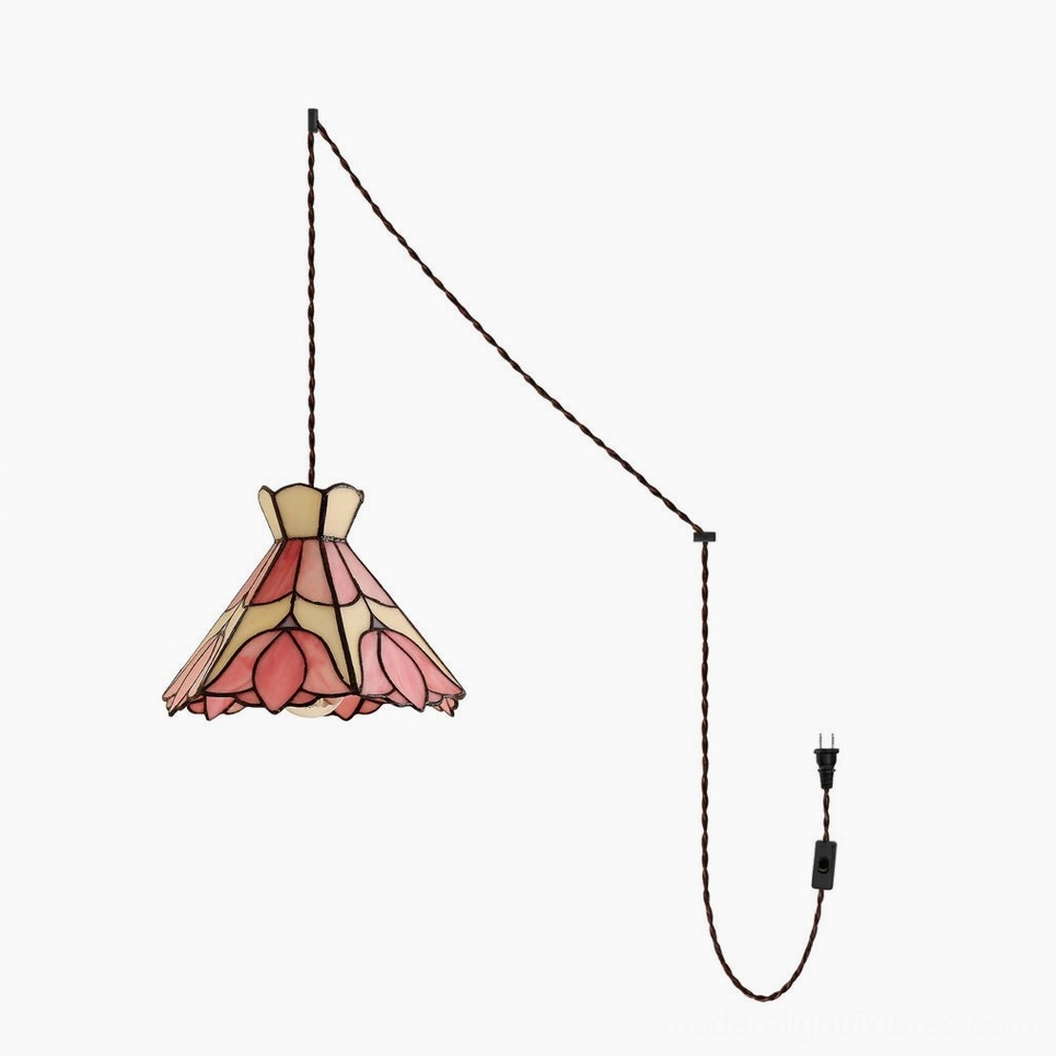 Serena beige and pink stained glass lotus pendant light with soldered copper-foil frame and braided brown cord, front studio perspective on white background