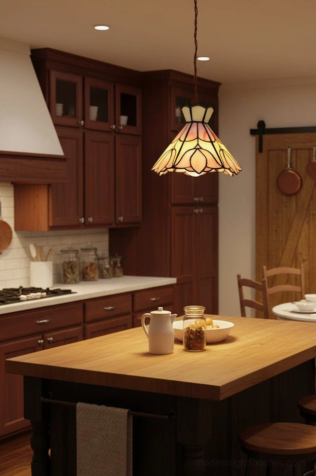 Serena stained glass pendant light above dining table in rustic kitchen, warm rose-tinted ambient lighting