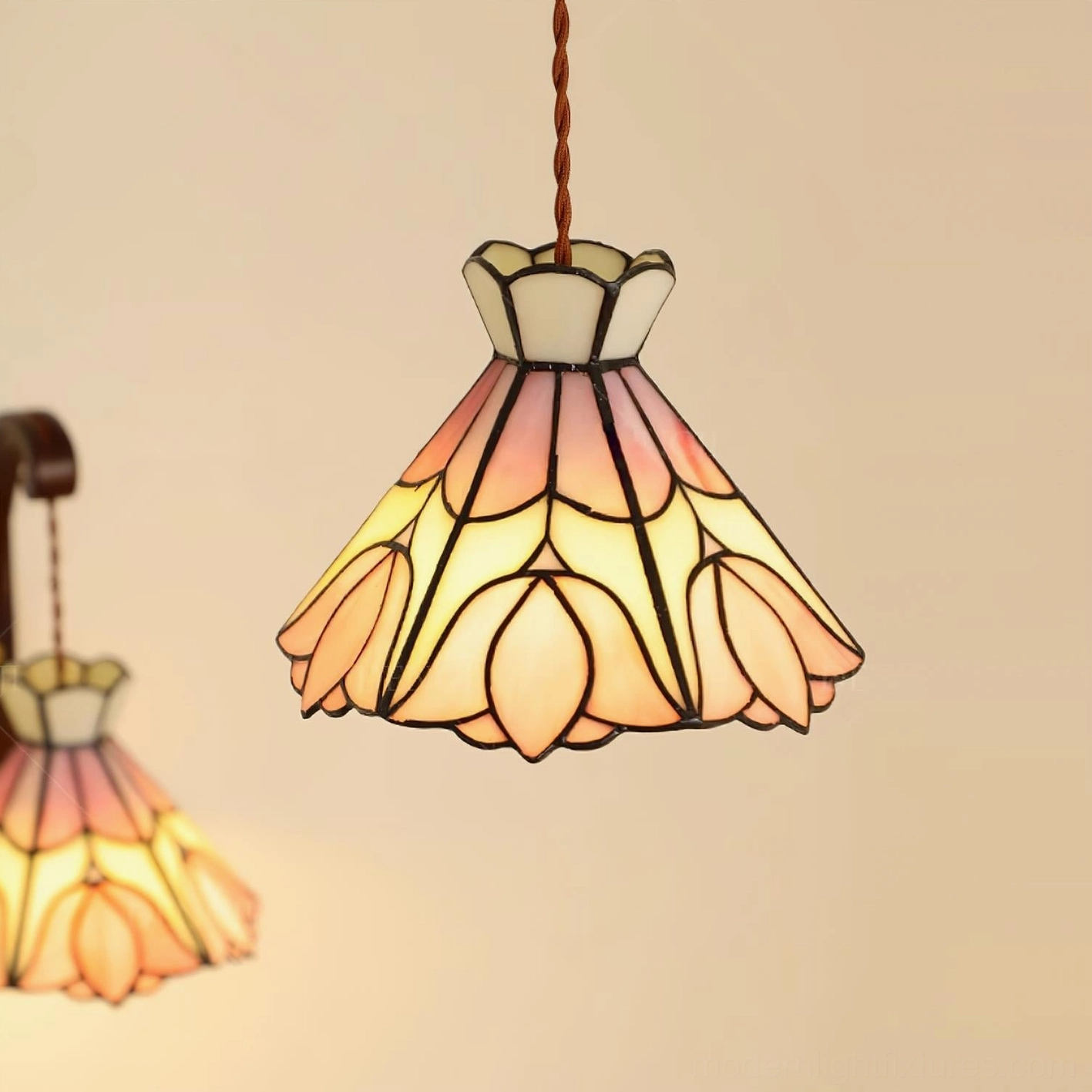 Serena pink petal stained glass pendant shade detail, leaded glass composition and color arrangement