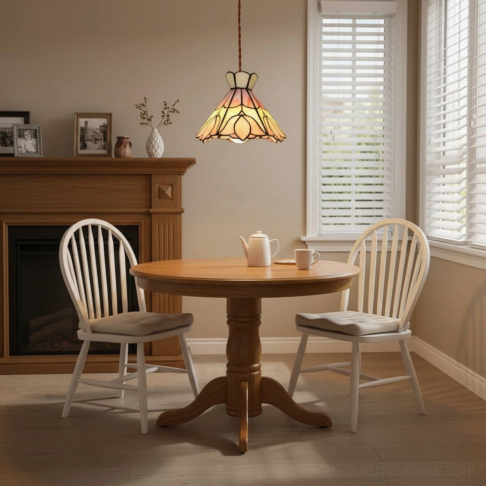 Serena Tiffany-style pendant light installed above round wooden dining table, vintage fireplace setting
