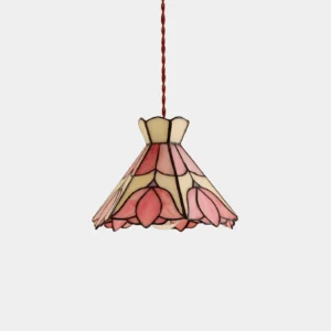 Serena stained glass pendant light with pink and cream petal shade, front view studio shot with braided rope cord