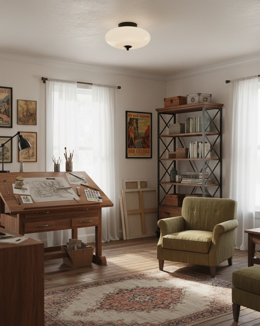 Serene Globe ceiling fixture mounted in vintage home art studio, providing balanced illumination for creative workspace