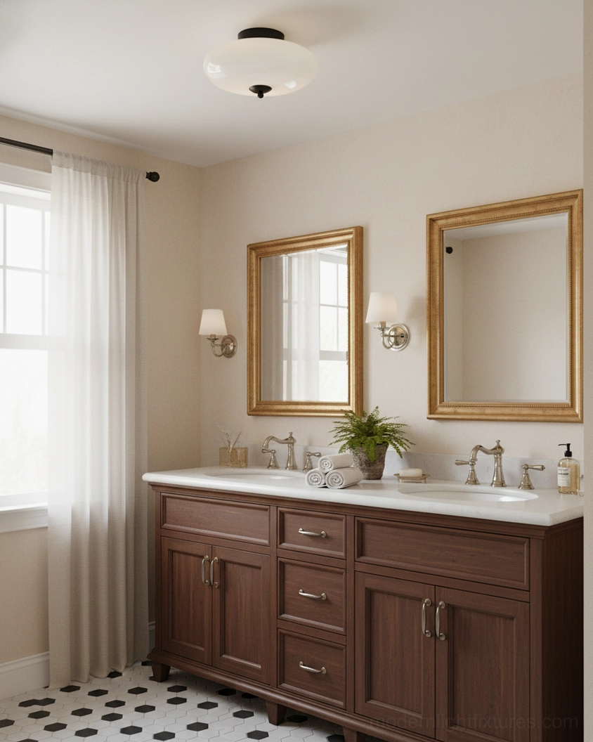 Damp-rated flush mount ceiling light in classic bathroom vanity, black brass trim on white glass shade