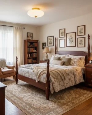 Modern minimalist globe ceiling light fixture installed in contemporary bedroom, creating warm ambient lighting over nightstands