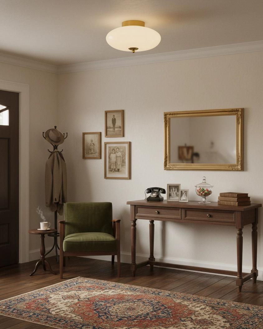 Minimalist globe ceiling light in elegant foyer sitting area, matching wooden furniture and traditional home decor