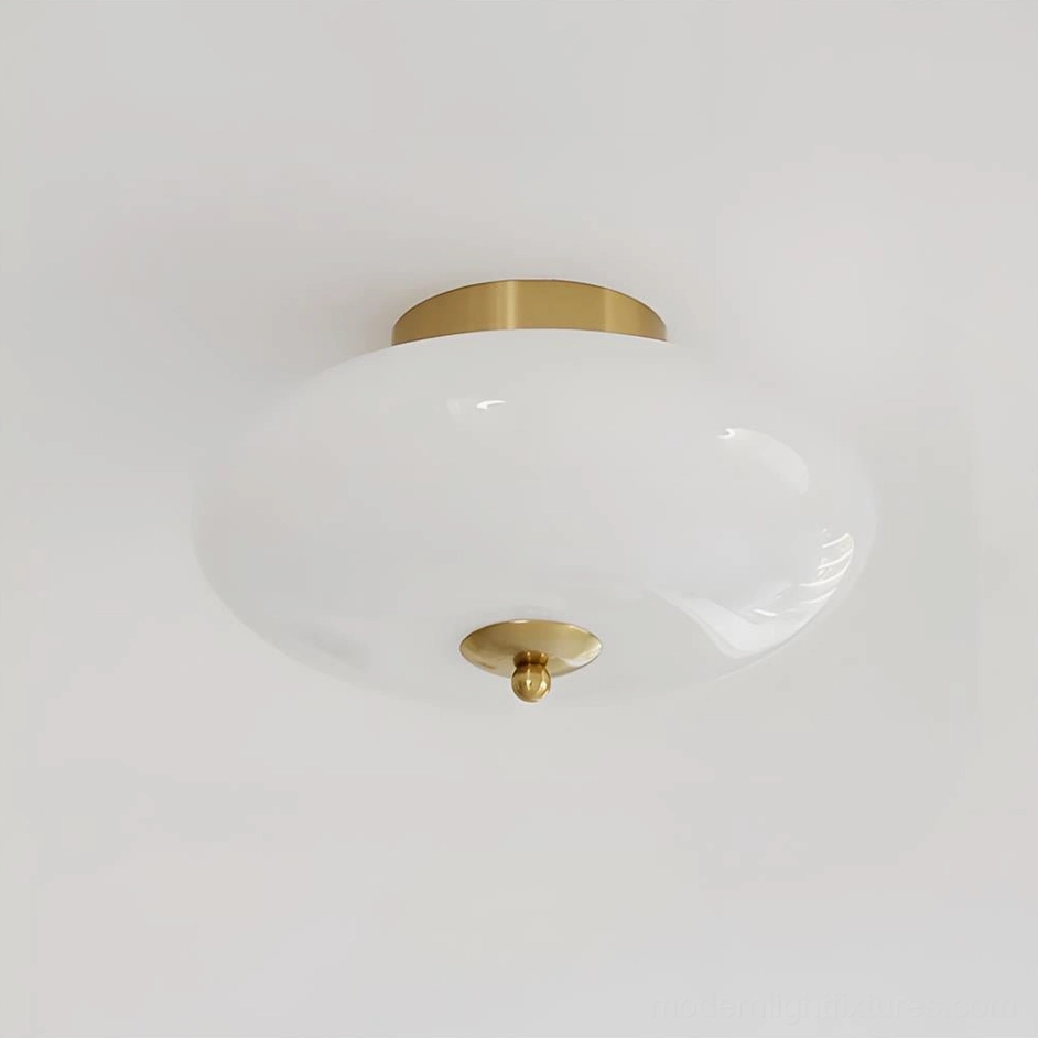 Gold and white Serene Globe flush mount ceiling light, warm transitional interior design fixture option