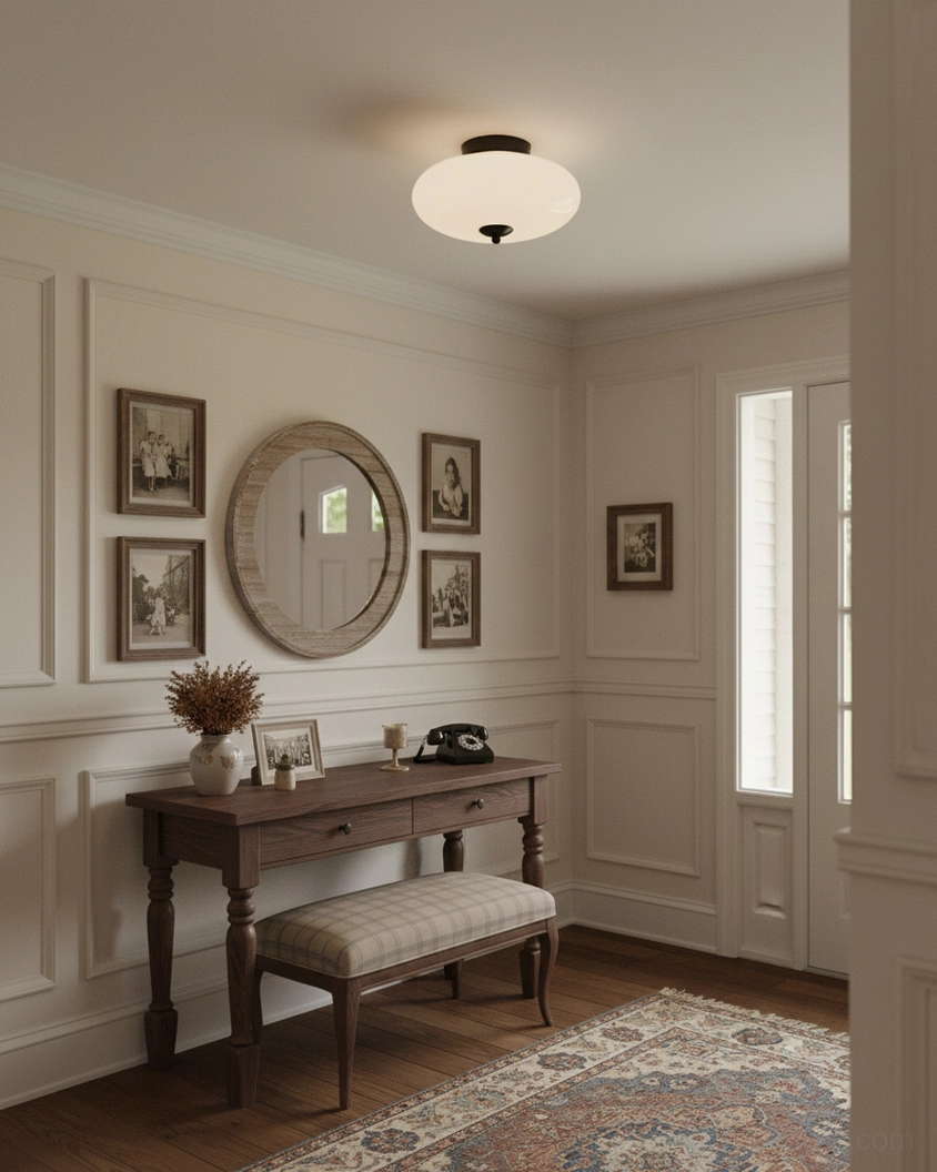 Elegant flush mount ceiling light in hallway entryway with black brass trim and white glass shade, neutral home decor