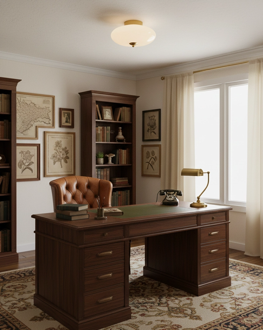 Contemporary flush mount ceiling light in executive home office with wood furniture, warm brass hardware accents