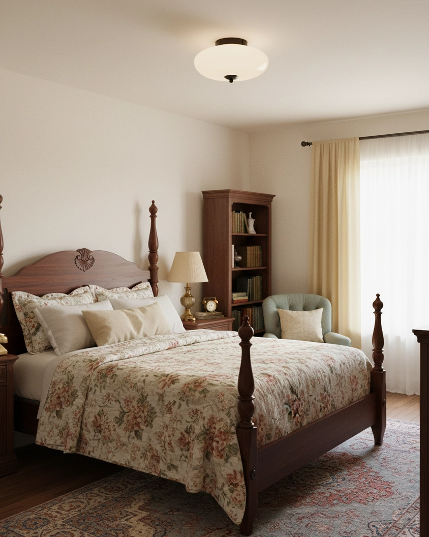 Contemporary flush mount ceiling light in master bedroom with antique bed set, retro traditional decor style