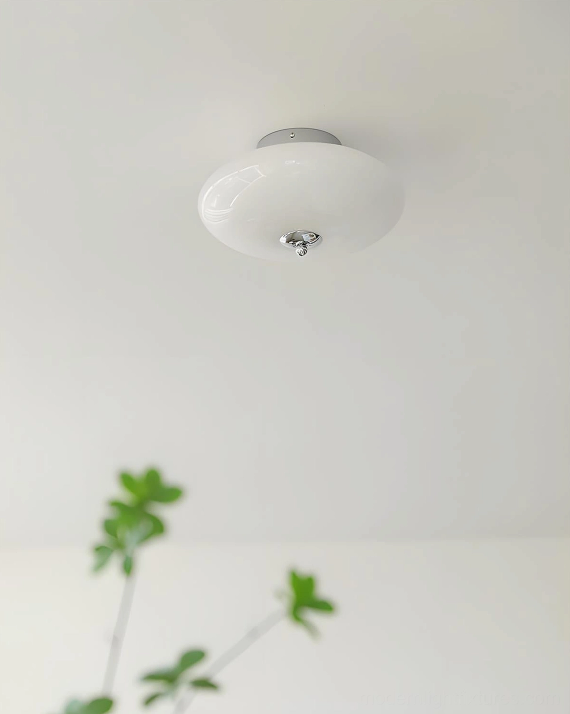 Serene Globe minimalist flush mount ceiling light fixture with metal and glass construction, 30cm diameter