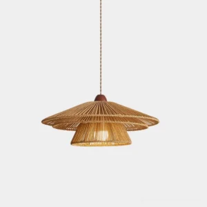 Serenella hemp rope pendant light with double-tiered woven shade, walnut wood mount, front view on white background