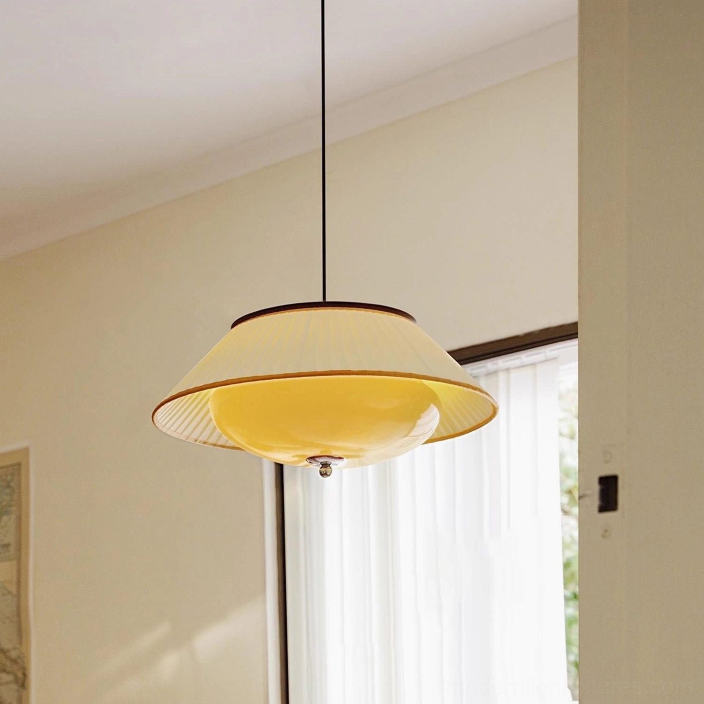 Serenique vintage pendant lamp three-quarter view, fabric pleats and glass dome detail