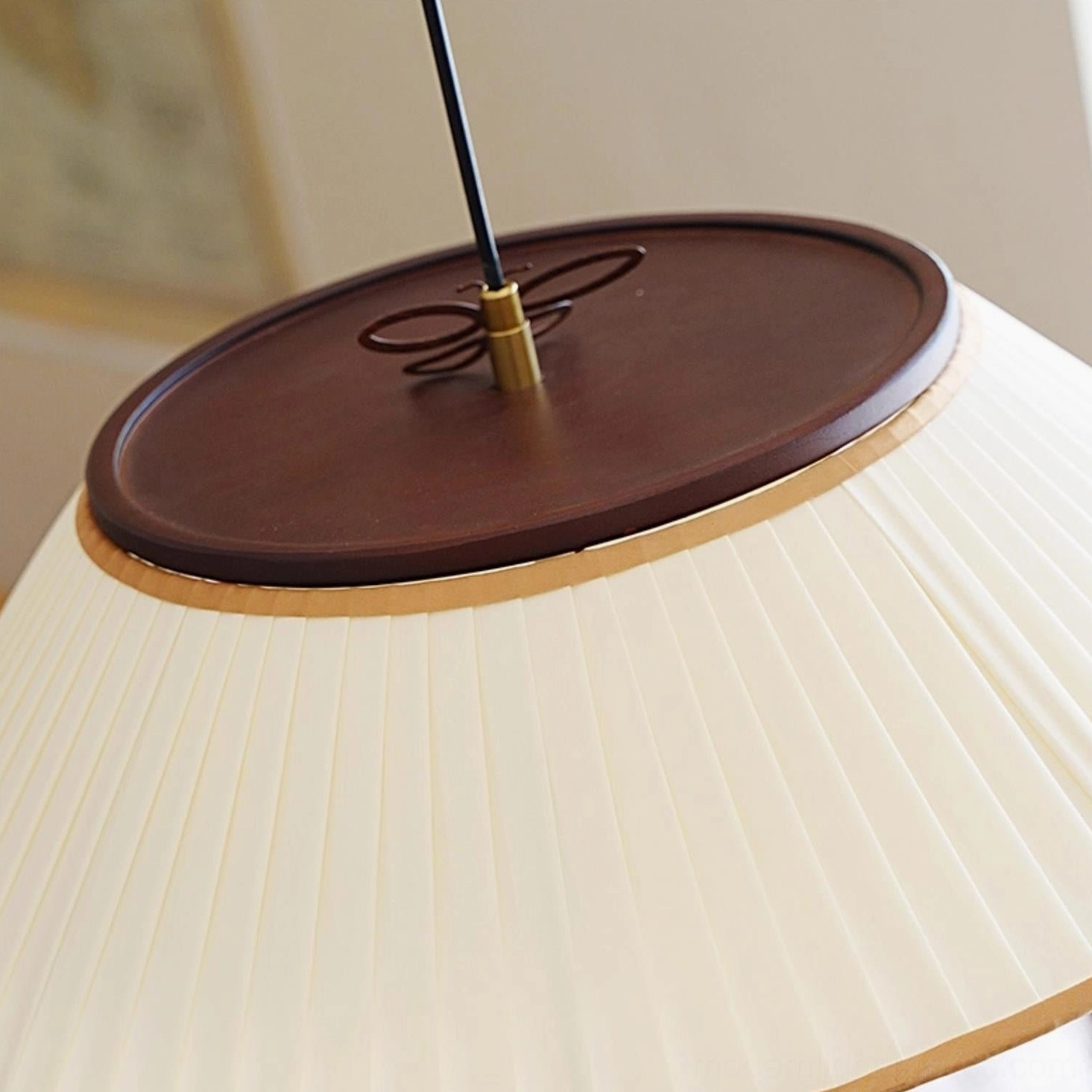 Serenique pendant lamp top detail, brown wooden ceiling plate and pleated fabric shade