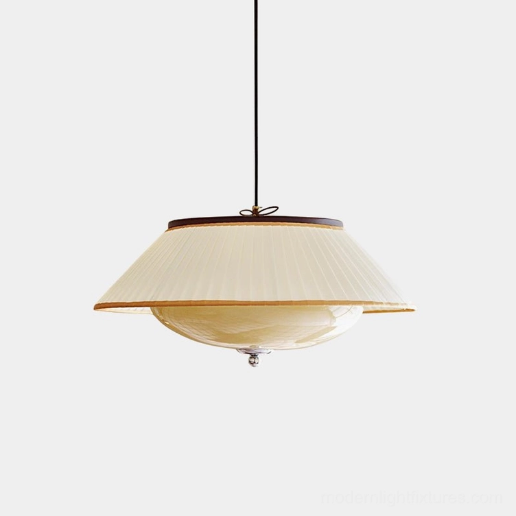 Serenique pleated fabric pendant lamp with cream shade and walnut trim, studio front view