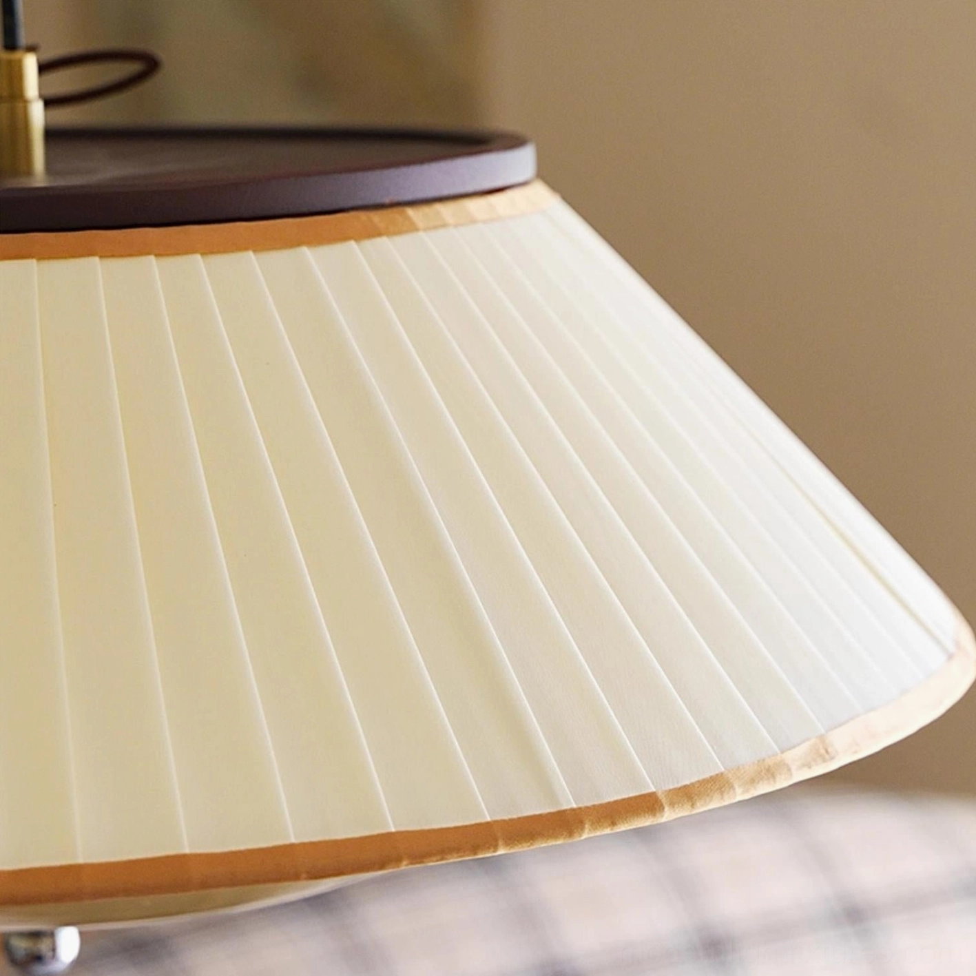 Serenique pleated pendant lamp close-up, cream fabric texture and walnut brown trim