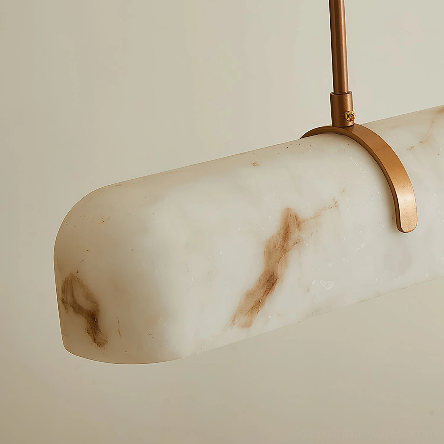 Serenity line modern chandelier side angle view showcasing elongated glass shade and golden-bronze metal frame detail