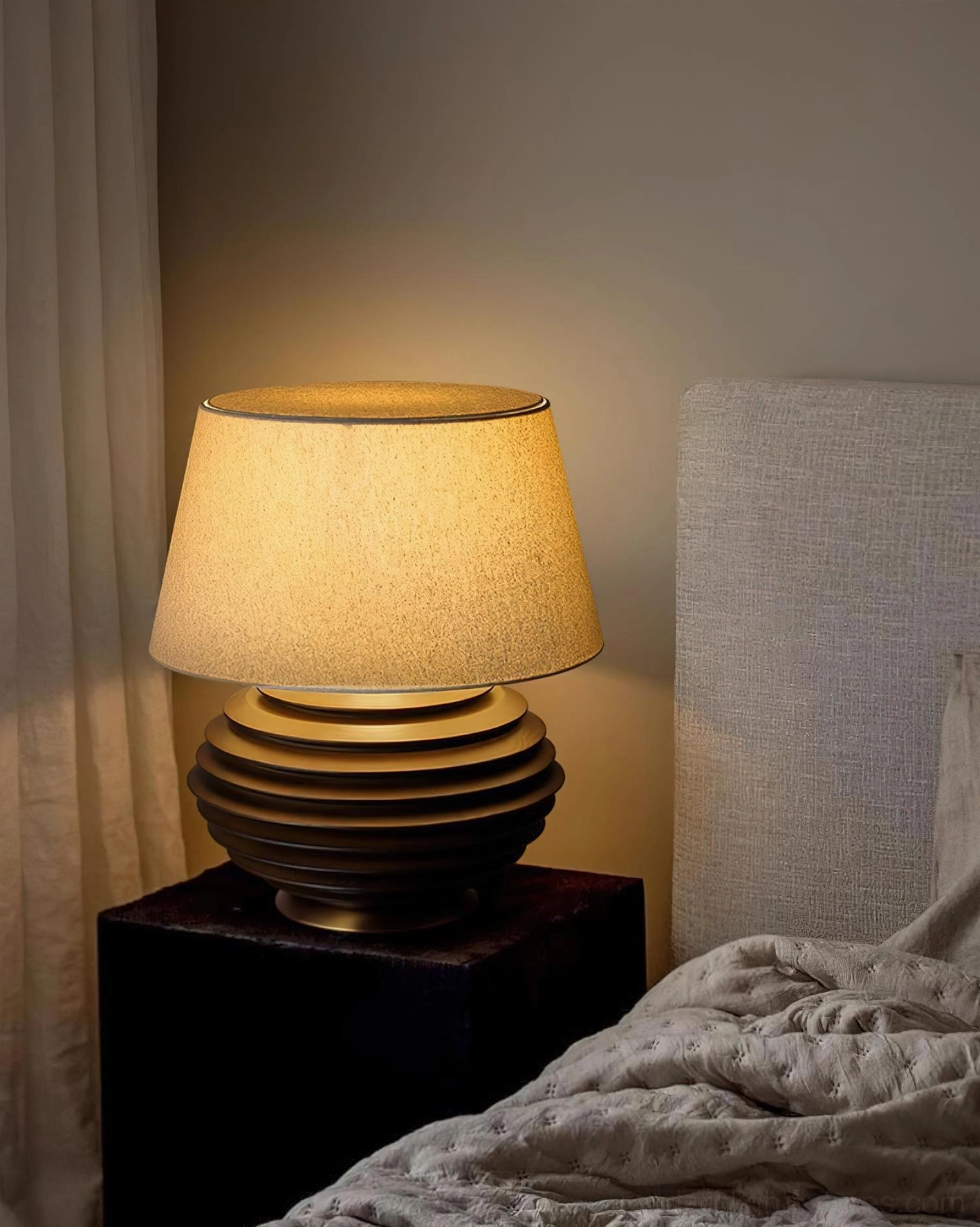 Serenity Strata organic tiered table lamp sculptural ribbed base detail close-up showing craftsmanship and natural wood grain texture